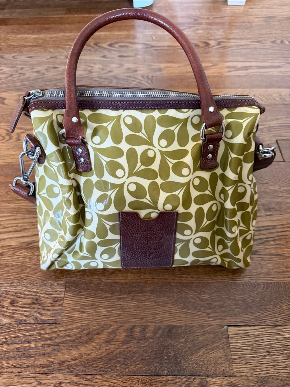 Orla Kiely Olive Patterned Tote Bag with Brown Trim